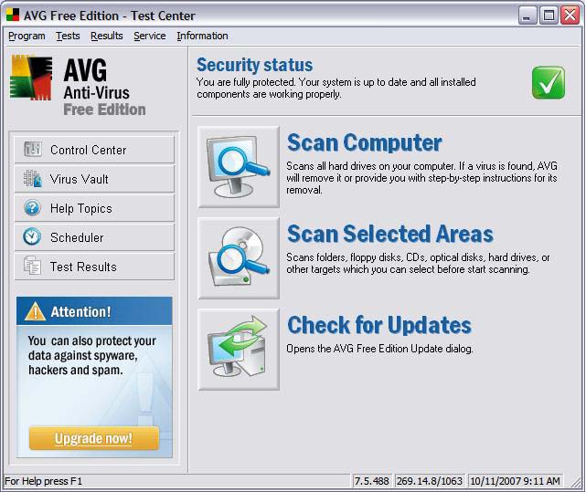AVG Test Center upgrade advertisement