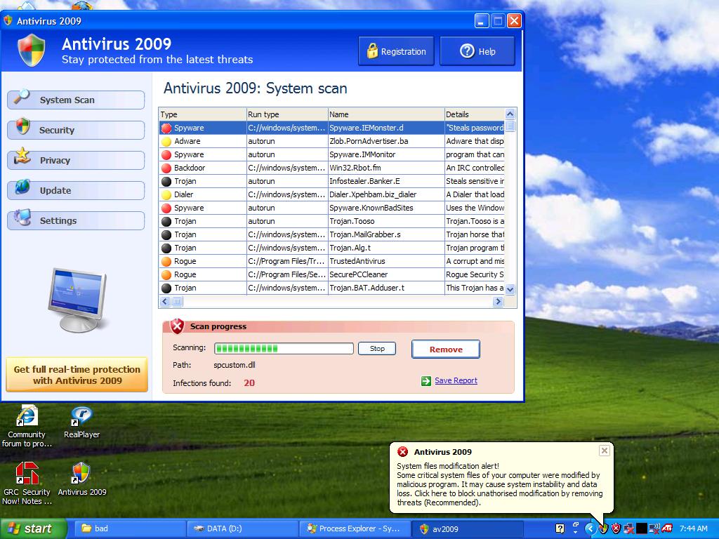 av2009-fakesystray Fake Antivirus 2009 results and system tray warning