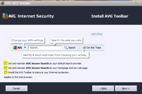Be sure to UNcheck any optional AVG toolbars and other browser changes