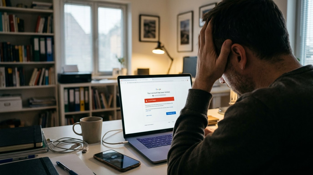 Stressed man looking at his computer screen showing his Google account is locked.